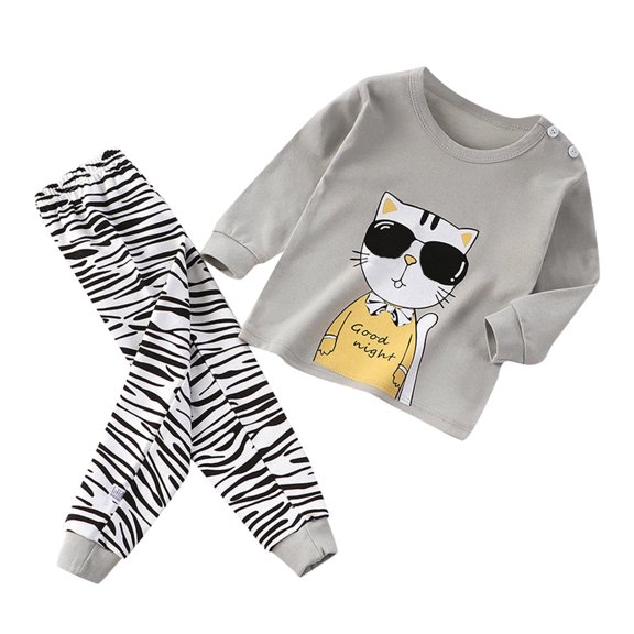 Boys Outfit Toddler Kids Cartoon Prints Long Sleeve Soft Pajamas Sleepwear Tops Long Pants Set Baby Boy Clothes Grey 3 Months-6 Months