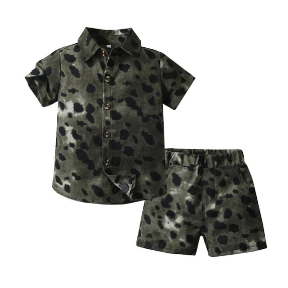 Boys Outfits 2 Piece Leopard Print Lapel Short Sleeve Button Down Shirt And Shorts Set for Summer Casual Outings Boys' Clothing Sets Army Green 18 Months-24 Months