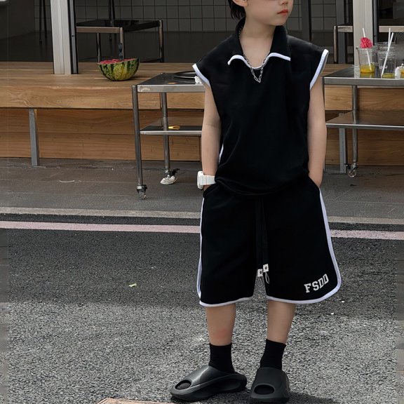 Boys Outfits 2 Piece Solid Print Lapel Sleeveless Tank Top And Shorts for Casual Play Boys' Clothing Sets Black 3 Years-4 Years