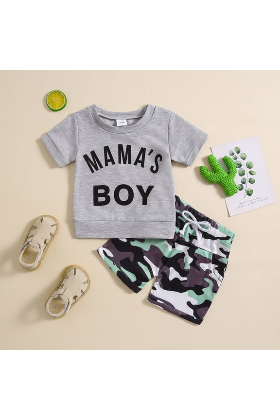 Boys Outfits Boys Mamas Boy Letter Camo Short Sleeve and Shorts Set Boys' Clothing Sets Grey 12-18 Months