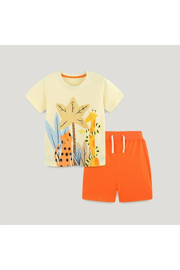 Boys Outfits Cartoon Printed Short Sleeved Crew Neck Top with Shorts 2 Pcs Baby Outfit Orange 3 Y-4 Y