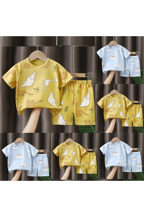 Boys Outfits Cute Cartoon Dino Crew Short Sleeve Two Piece Kids Loose Breathable Summer Casual Play Outfit Set