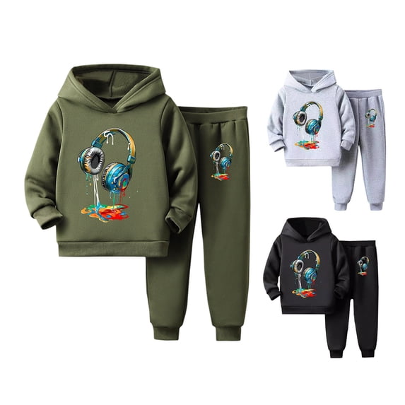 Boys Outfits Girls Winter Cartoon Headphone Print Hoodie and Sweatpants ...