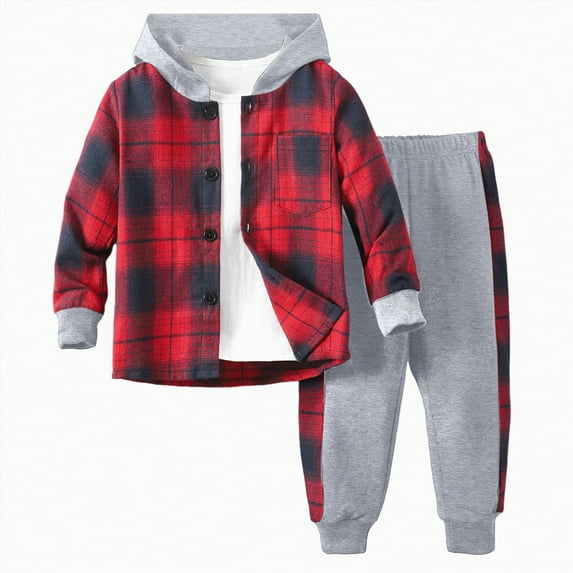 Boys Outfits Kids Autumn Winter Plaid Print Long Sleeve Elastic Waist 6M 12M 24M 2T 3T 4T 5T Hoodie Sweatshirt and Jogger Sweatpants Set 2 PC