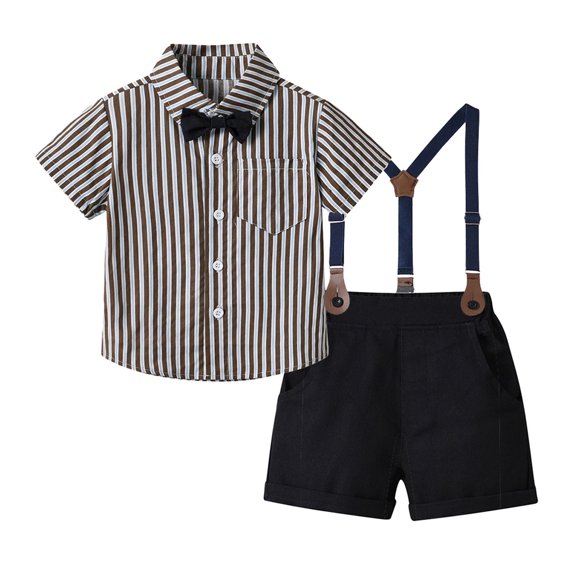 Boys Outfits Kids Short Sleeve Striped Shirt Tops Suspender Shorts Tie Baby Boy Clothes Black 18 Months-24 Months
