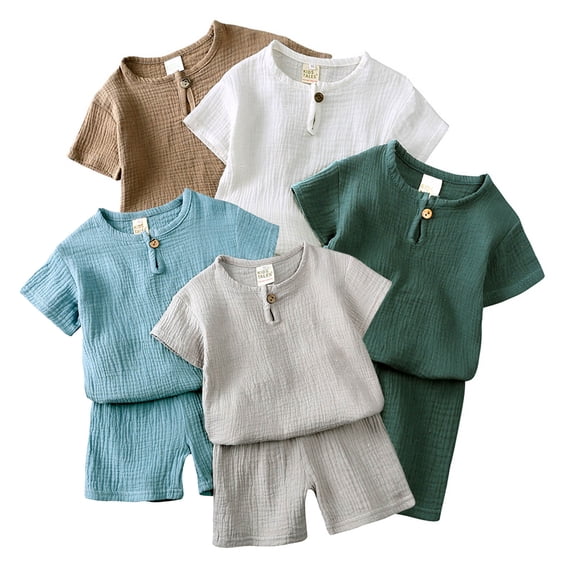 Boys Outfits Kids Solid Pullover Short Sleeve Crewneck Tee and Shorts Linen Set Boys' Clothing Sets Grey 3-4 Years