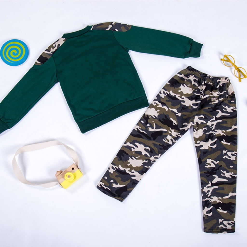 Boys Outfits Letter Pants Camouflage Track 2Pcs Round Neck Casual