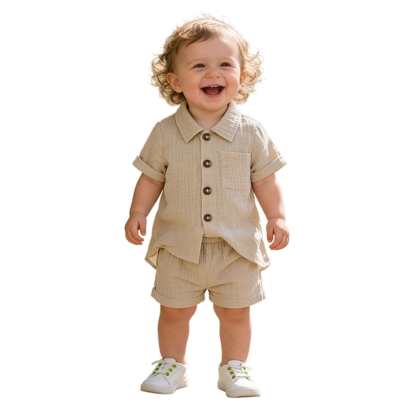 Boys Outfits Loose Solid Print Lapel Short Sleeve Button Shirt And Trousers 2 Piece Casual Wear Boys' Clothing Sets Size 18-24 Months