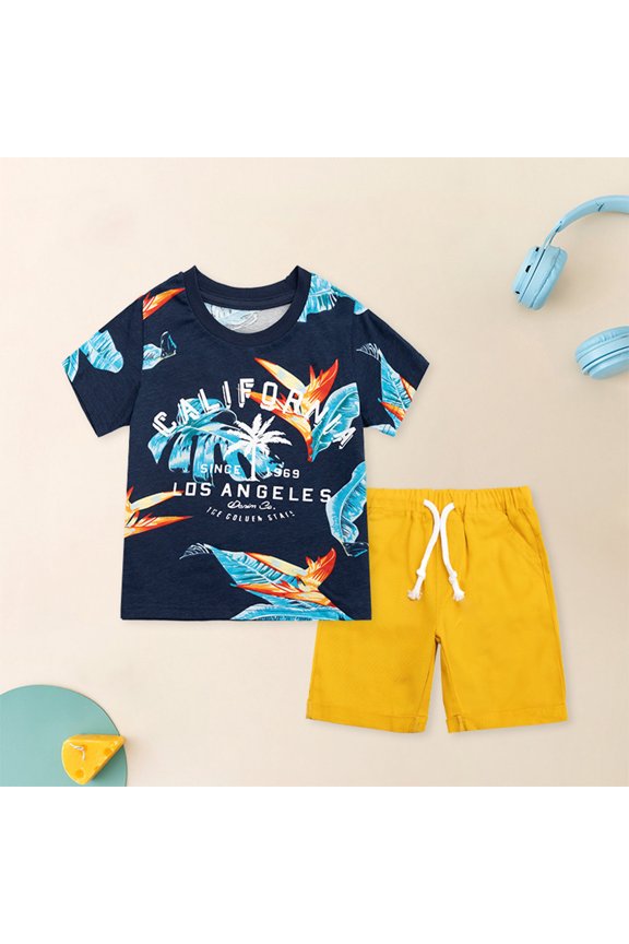 Boys Outfits Prints Short Sleeve T Shirt Tops with Solid Color Shorts 2 Pcs Baby Outfits Gold 6-7 Years
