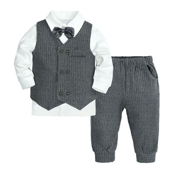 Boys Outfits Set Toddler Baby Boy Clothes Suit Gentleman Wedding Outfits Formal Dress Shirt Bowtie Vest Suspender Pants Grey 2 Years-3 Years