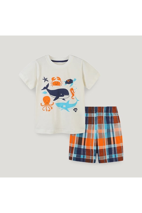 Boys Outfits Size 2 Y-3Y Whale Print Short Sleeve Crew Neck Top and Checkered Shorts Comfortable 2 Piece Boy Clothes