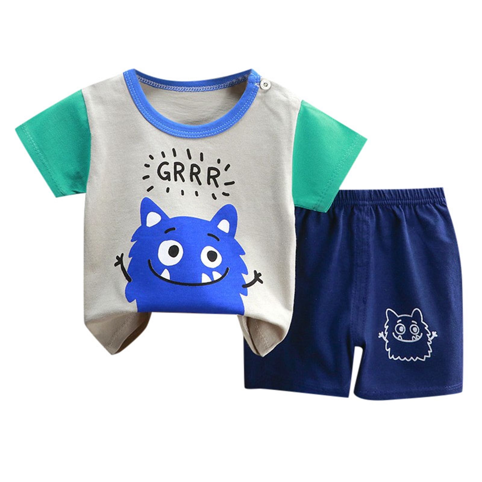 Baby clothes summer children's cartoon short sleeved set boys aged 0-5 solid color T-shirt denim