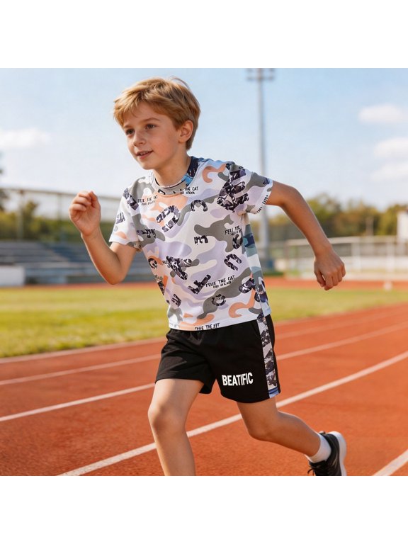 Boys Outfits Unique Print Camo Pattern Crew Short Sleeve Two Piece Kids Active Sports Daily Outfit Set