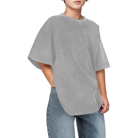 Boys Oversized Washed Crew Neck T‑Shirt Vintage Mineral Wash Short Sleeve Loose Fit Casual Tee Soft Breathable Kids Basic Top for Daily School Outdoor Play Wear(Grey,7-8 Years)
