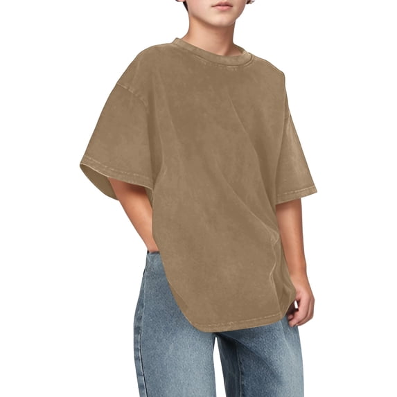 Boys Oversized Washed Crew Neck T‑Shirt Vintage Mineral Wash Short Sleeve Loose Fit Casual Tee Soft Breathable Kids Basic Top for Daily School Outdoor Play Wear(Coffee,11-12 Years)