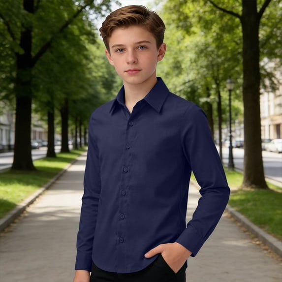 Boys Oxford Long Sleeve Button Down Shirt Kids Classic Fit Solid Color Top for School Daily Casual Wear Soft Polyester Blend for Toddler 5-16Y Spring Fall Outfit