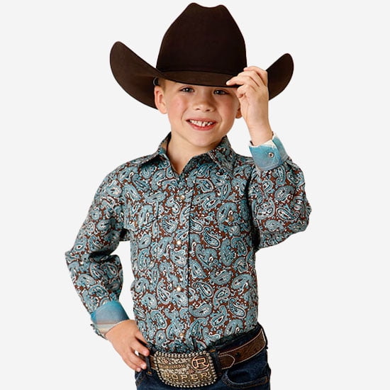 Boys' Paisley Print Long Sleeve Pearl Snap Western Shirt - 03-030-0225-6017 BU Medium US