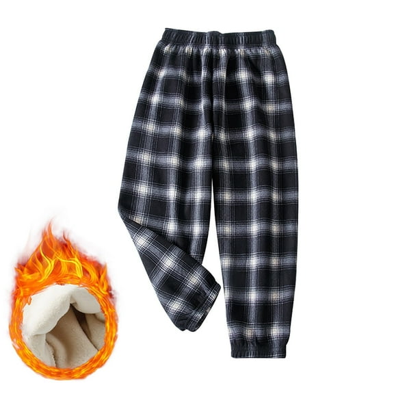 Boys Pajama Pants Long Sleep Pants Soft Elastic Waist Pajama Bottoms Plaid Lounge Warm Lined Winter Pants with 2 Pockets,A-Black,5-6 Years