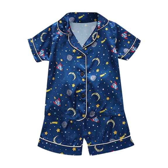 Boys' Pajama Sets Short Sleeve Floral Printed Button Down Classic Loungewear Shirt Shorts Two Pieces Set Girls' Sleepwear Dark Blue 110(3 Years-4 Years)