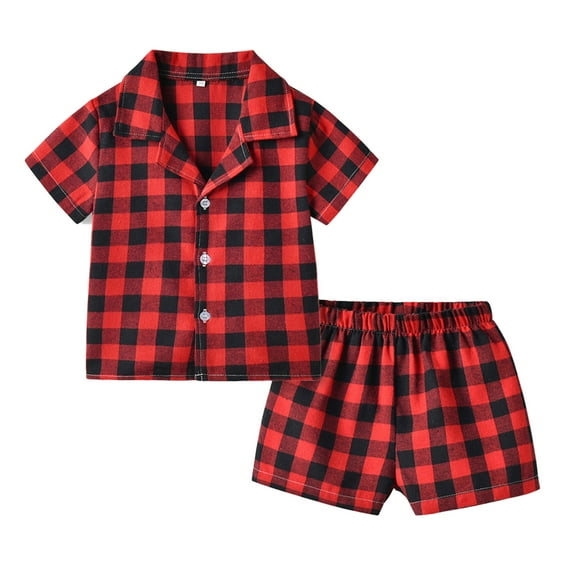 Boys' Pajama Sets Short Sleeve Plaid Button Down Classic Loungewear Shirt Shorts Two Pieces Set Girls' Sleepwear Red 90(12 Months-18 Months)