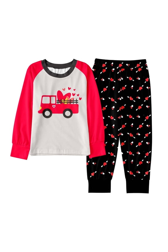 Boys Pajama Valentines Pajamas Kids Long Sleeve Heart Print Crewneck Sleepwear 6-7 Years Boys Pajamas