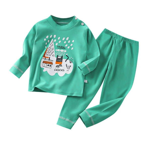 Boys Pajamas Autumn Kids Underwear Long Sleeve Cute Snow Print Warm Tops Pants Pajamas Set Baby Boy Outfits Green 5 Years-6 Years