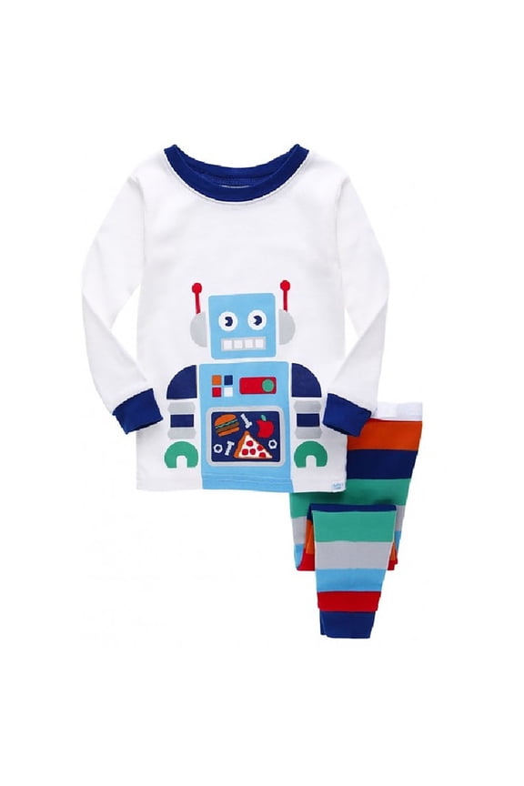 Boys Pajamas Children's Homewear Set Cartoon Robot Pattern Toddler Baby Long Sleeve Tshirts Top and Pants 2 Pieces Outfits Set Size 3-4