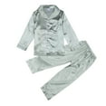 thumbnail image 1 of Boys Pajamas Fall Winter Kids Satin Long Sleeve Solid Button Down Shirt Tops Long Pants Baby Girls Outfits Grey 11 Years-12 Years, 1 of 7