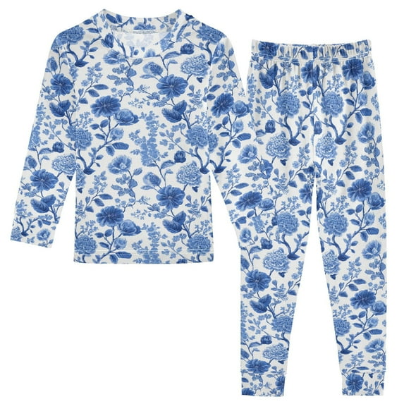 Boys Pajamas Girls Pajama Blue Flowers Cute Comfortable Cotton Two-piece Pajama Set