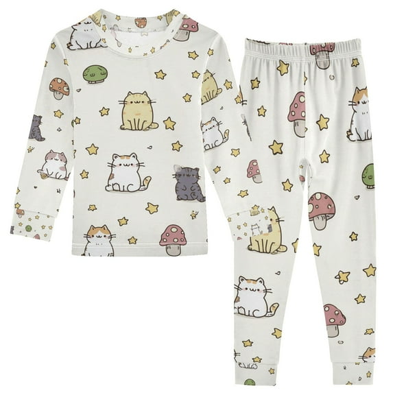 Boys Pajamas Girls Pajama Cute Cat Surrounded by Stars and Mushrooms Cute Comfortable Cotton Two-piece Pajama Set