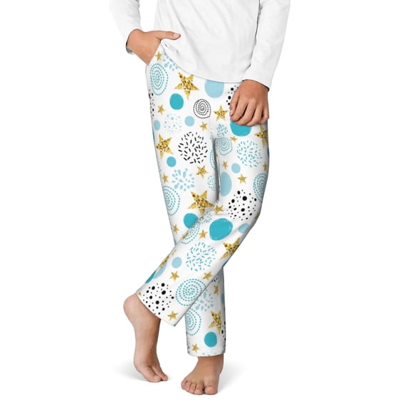 Boys Pajamas Pants - Soft Gold Stars Blue Dots Pattern Cotton Kids Pajamas, Comfy Sleepwear Pj Bottoms Pjs Lounge Pants Size 5-16 for Boys Kids Girls Childrens with Pocket
