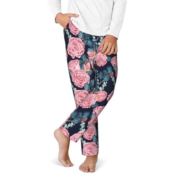 Boys Pajamas Pants - Soft Rose Flowers(M) Cotton Kids Pajamas, Comfy Sleepwear Pj Bottoms Pjs Lounge Pants Size 5-16 for Boys Kids Girls Childrens with Pocket