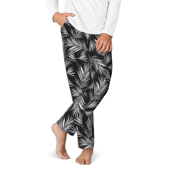 Boys Pajamas Pants - Soft White palm leaves_G Cotton Kids Pajamas, Comfy Sleepwear Pj Bottoms Pjs Lounge Pants Size 5-16 for Boys Kids Girls Childrens with Pocket