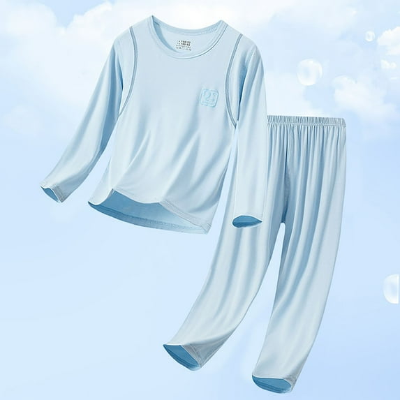 Boys Pajamas Set Light Blue Long Sleeve Crewneck Pullover Top Sleepwear with Pants Set Kids Girls Pjs Size 3T