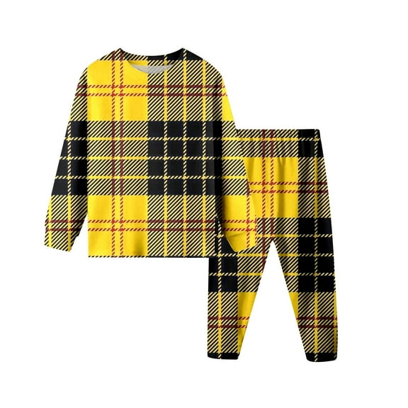 Boys Pajamas Set Sleepwear Crewneck Color Block Plaid Pattern Kids Underwear and Pants Boys Homewear 2PC Outfits 13-14 Years,Yellow
