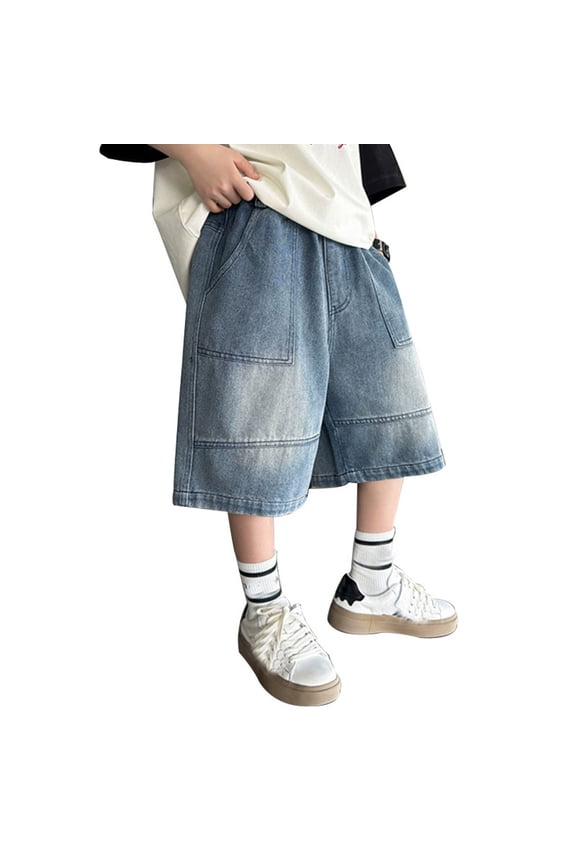 Boys Pants,Boy's Elastic Waist Wide Leg Casual Loose Half Eighths Jeans With Pockets,Boys Sweat Pants,Blue,8-9 Years