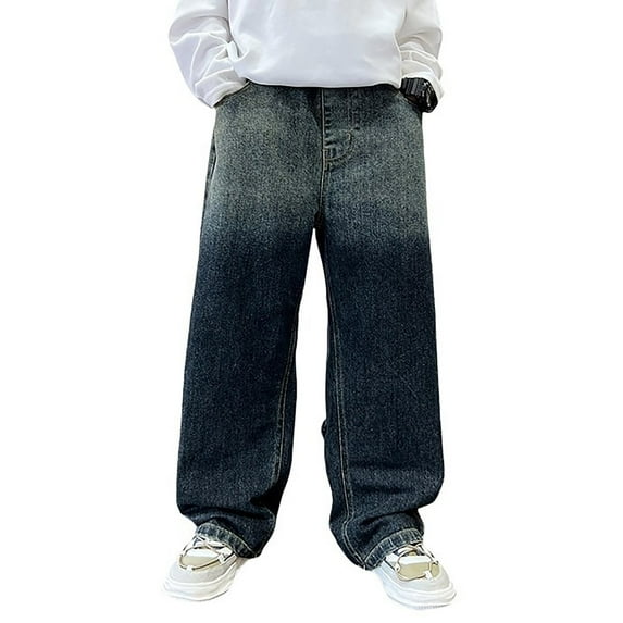 Boys Pants,Boys' Baggy Cargo Jeans Relaxed Fit Denim Elastic Waist + Utility Pockets Casual Streetwear Pants,Uniform Pants for Boys,Dark Blue,5-6 Years