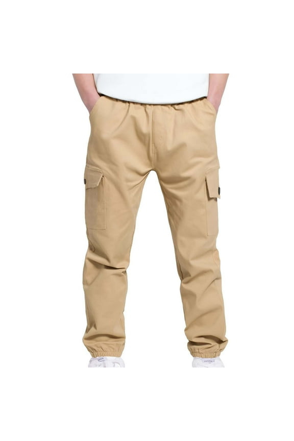 Boys Pants - Boys' Cargo Jogger Pants Stretch Twill School Pants Elastic Waist + Utility Pockets Durable Casual Wear Active Play & Daily Use - Uniform Pants for Boys,Color:Beige,Size:6-7 Years