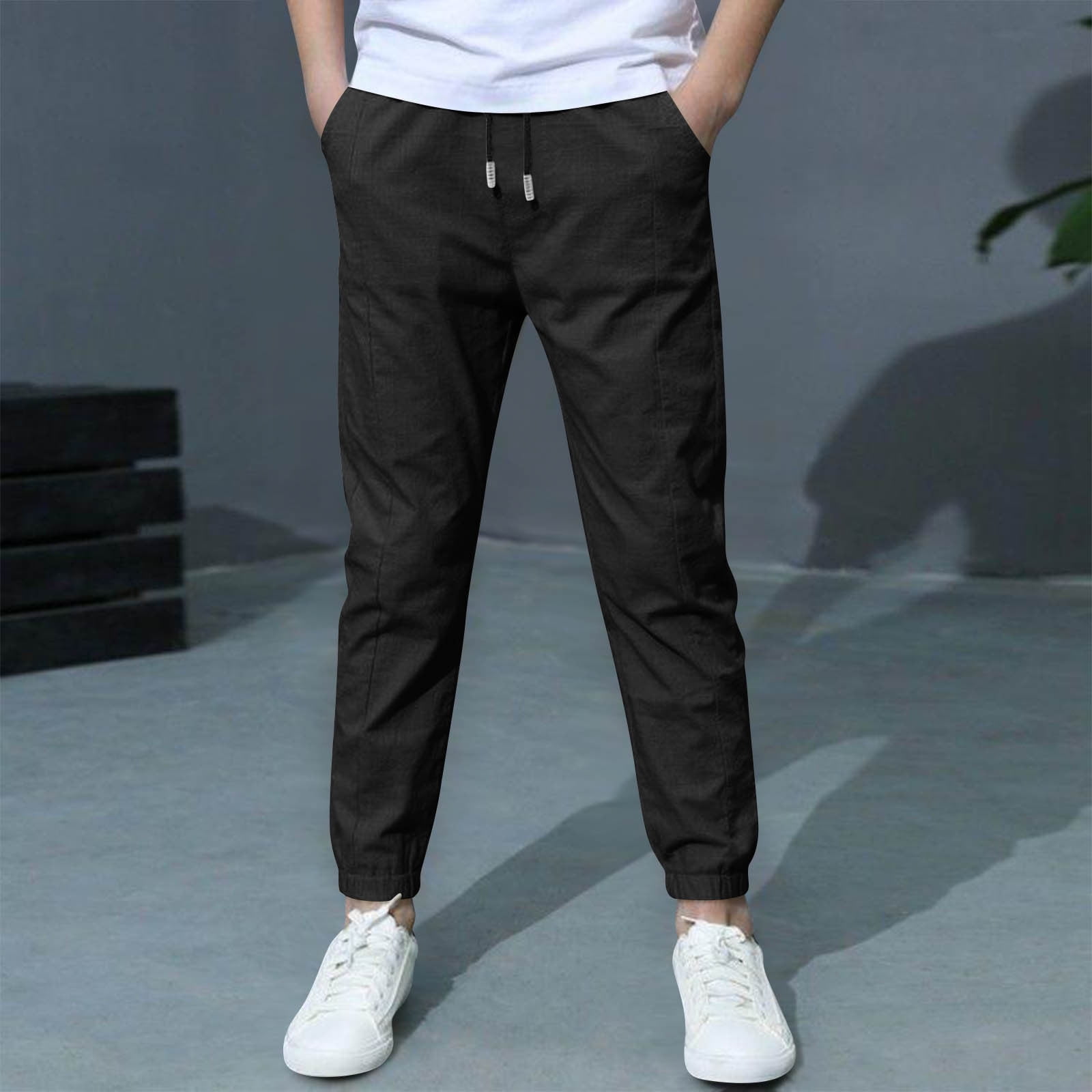 Boys Pants Casual Linen Drawstring Jogger Elastic Waist Loose Fit ...