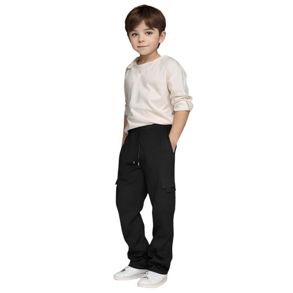 Boys Pants Drawstring Pocket Elastic Solid Print Cargo Sweatpants Trousers Casual Wear 3-4 Years