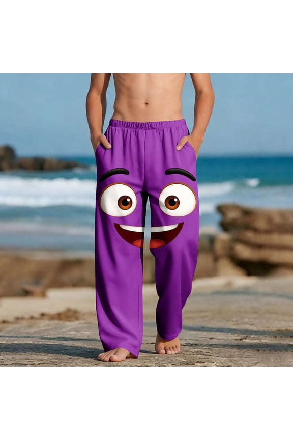 Boys Pants Kids Cartoon Pjs Pants Purple Smiley Face Beach Pants Soft Comfy Elastic Waist Play Pants Boys wear,Size 4 T