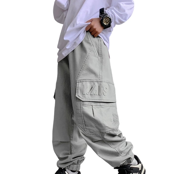 Boys' Pants Loose Fit Pocketed Elastic Solid Print Cargo Trousers Streetwear 5-6 Years