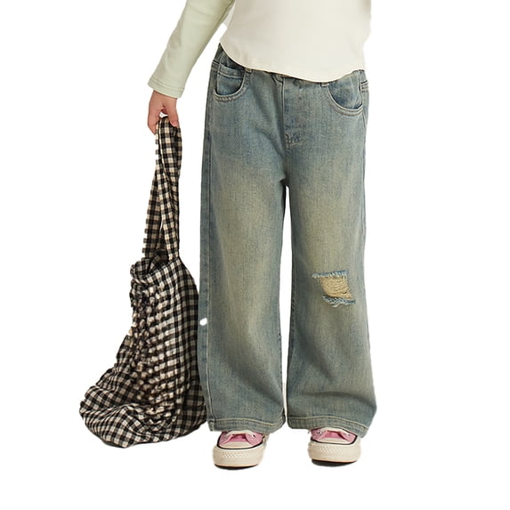 Boys' Pants Ripped Solid Print Elastic Waist Straight-Leg Denim Pants for Everyday Wear Blue 4 Years-5 Years