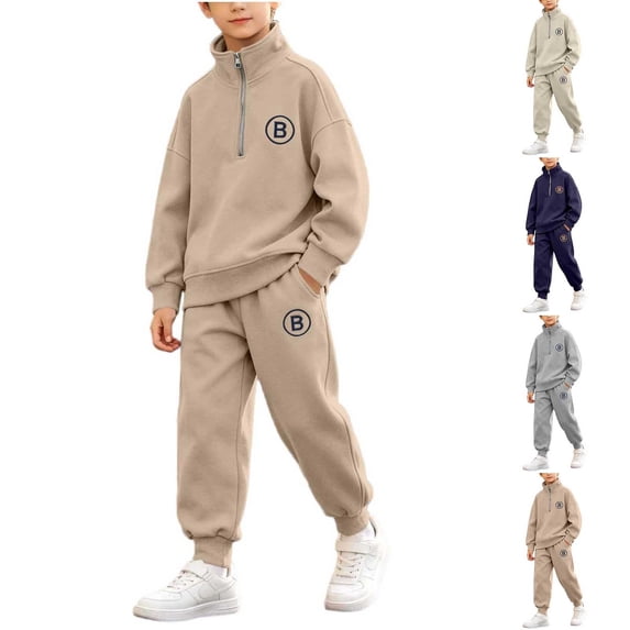 Boys Pants Set - 2 Piece Tech Fleece Boys Quarter Zip Mockneck Pullover Sweatshirts and Jogger Sweatpants with Pockets (Sizes: 5-15) Brown