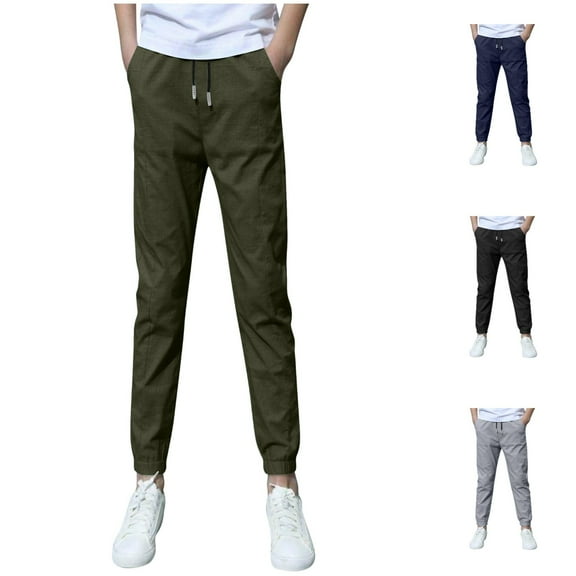 Boys Pants Solid Color Drawstring Casual Pants with Pockets Comfortable Elastic Waist Fall Winter Sports Boys Joggers Army Green Sizes 4-5 Y