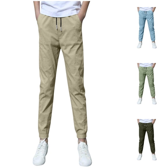 Boys Pants Solid Color Drawstring Casual Pants with Pockets Comfortable Elastic Waist Fall Winter Sports Boys Joggers Khaki Sizes 5-6 Y