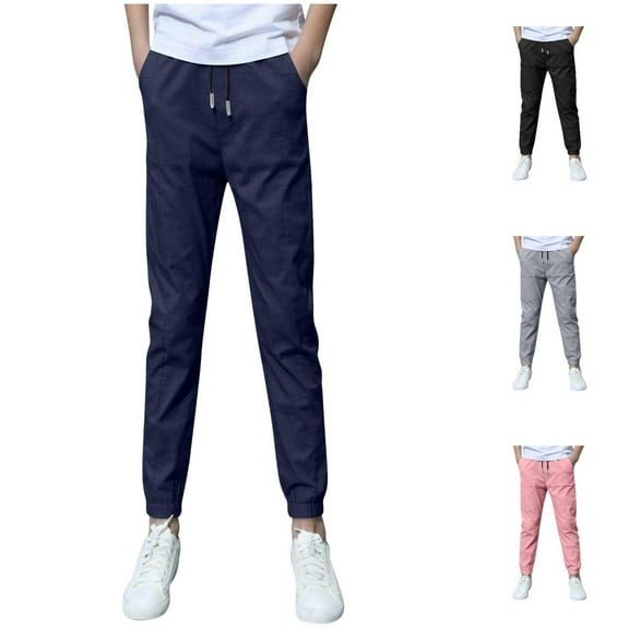 Boys Pants Solid Color Drawstring Casual Pants with Pockets Comfortable Elastic Waist Fall Winter Sports Boys Joggers Navy Sizes 5-6 Y