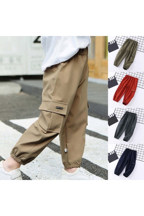 Boys' Pants Solid Print Pocketed Elastic Waist Long Pants for Outdoor Army Green 9 Years-10 Years