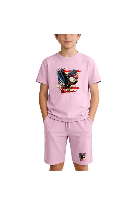 Boys Patriotic 2 Piece Outfit Set, Pink Eagle Flag Print Short Sleeve T-Shirt and Shorts 4th of July Casual Summer Clothing for Kids,Size 6 T