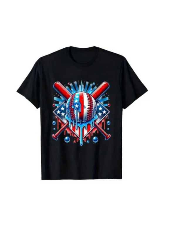 Boys' Patriotic Baseball Drip Ice Cream T-Shirt, T-Shirt for Kids Youth, 180gsm, 100% Cotton